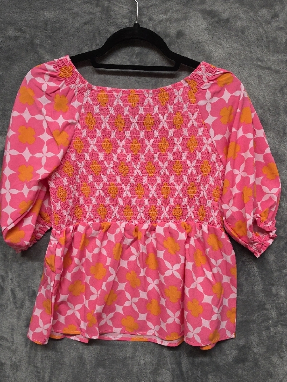 White House Black Market Pink & Orange Floral Smocked Peplum Blouse - Picture 5 of 7